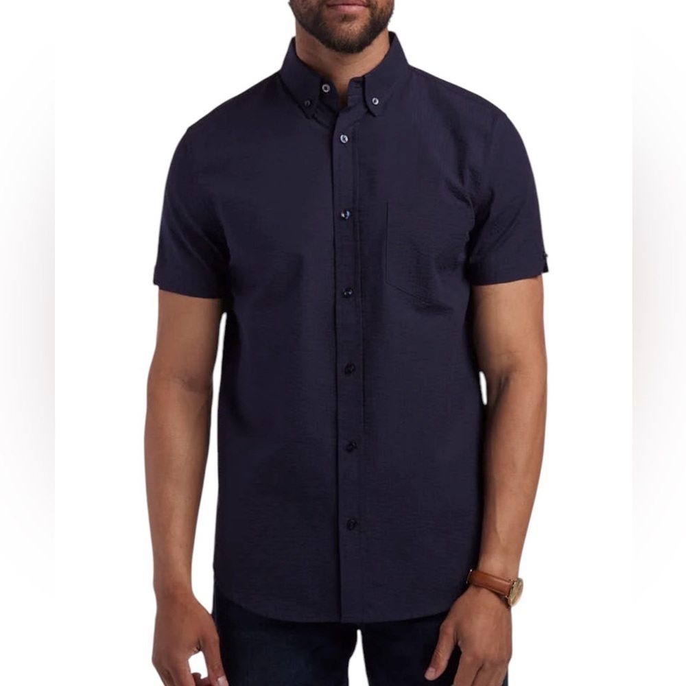NWT Ben Sherman short sleeve seersucker button down navy blue 100% cotton